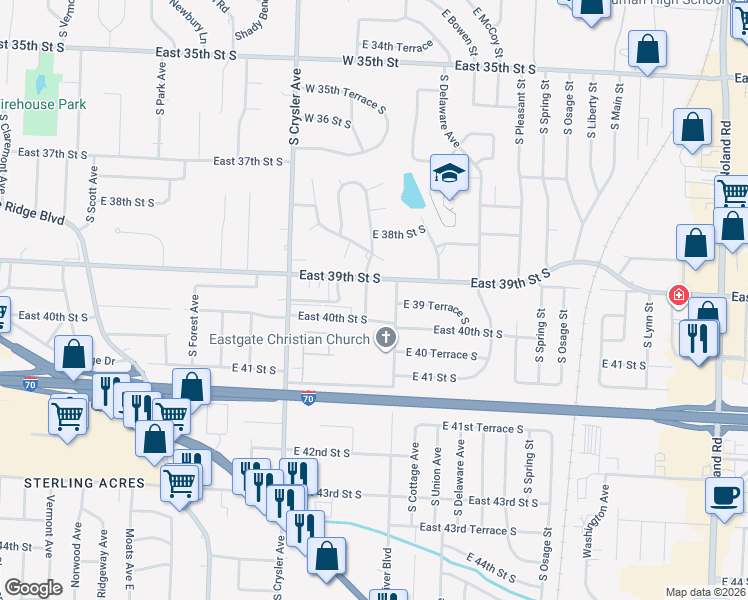 map of restaurants, bars, coffee shops, grocery stores, and more near 12708 East 40th Street South in Independence