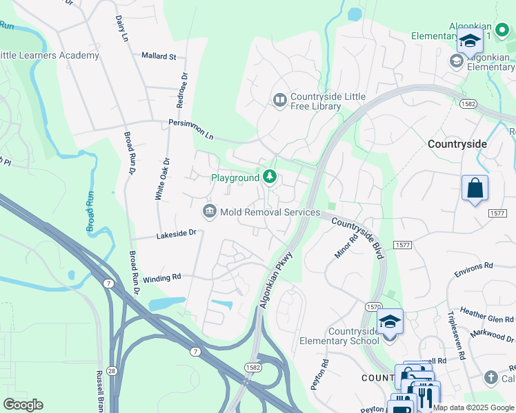 map of restaurants, bars, coffee shops, grocery stores, and more near 7 Bickel Court in Sterling