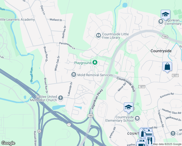 map of restaurants, bars, coffee shops, grocery stores, and more near 7 Bickel Court in Sterling