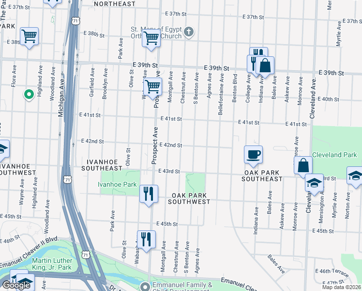 map of restaurants, bars, coffee shops, grocery stores, and more near E 42nd St & Chestnut Ave in Kansas City