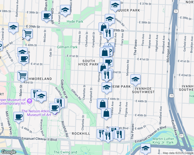 map of restaurants, bars, coffee shops, grocery stores, and more near 4233 Harrison Street in Kansas City