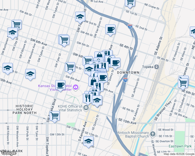 map of restaurants, bars, coffee shops, grocery stores, and more near in Topeka