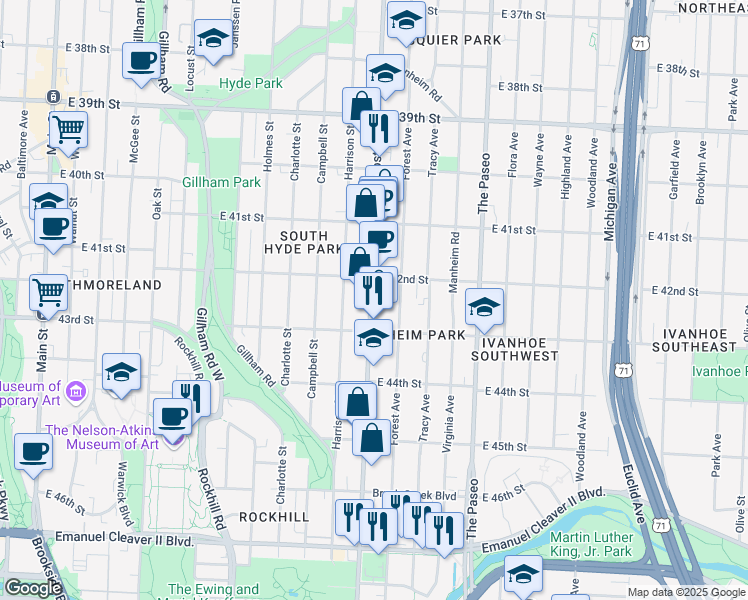 map of restaurants, bars, coffee shops, grocery stores, and more near 4229 Troost Ave in Kansas City