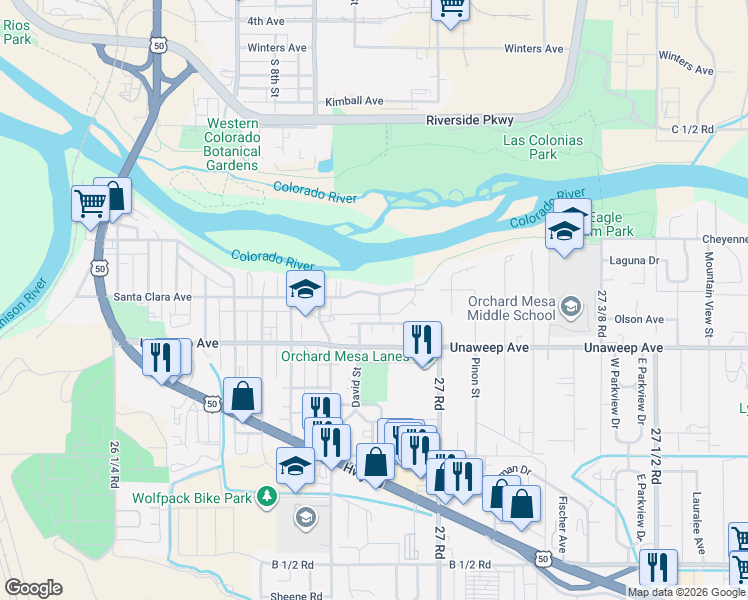 map of restaurants, bars, coffee shops, grocery stores, and more near 1101-1161 Olson Avenue in Grand Junction