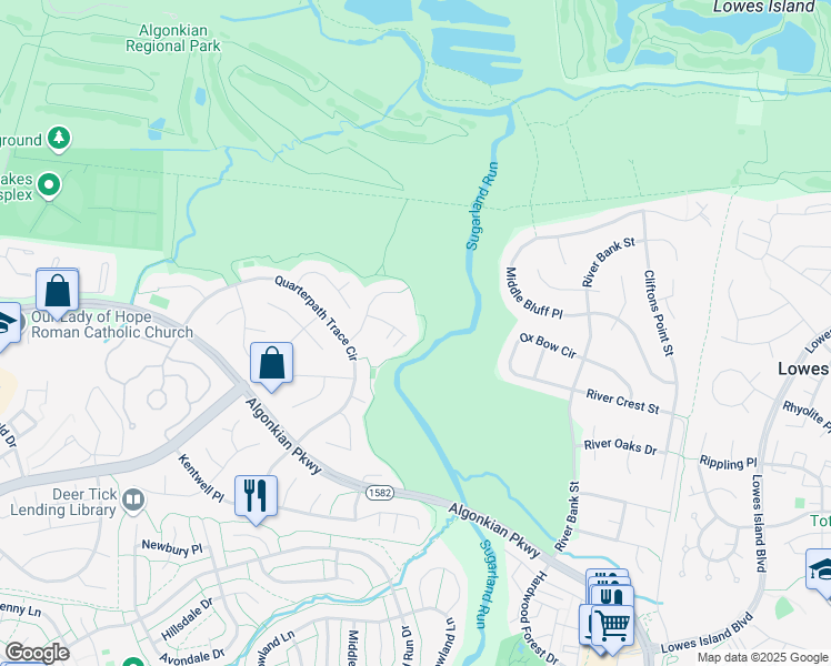 map of restaurants, bars, coffee shops, grocery stores, and more near 47182 Chambliss Court in Sterling