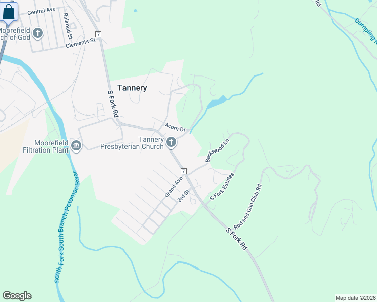 map of restaurants, bars, coffee shops, grocery stores, and more near 1135 South Fork Road in Moorefield