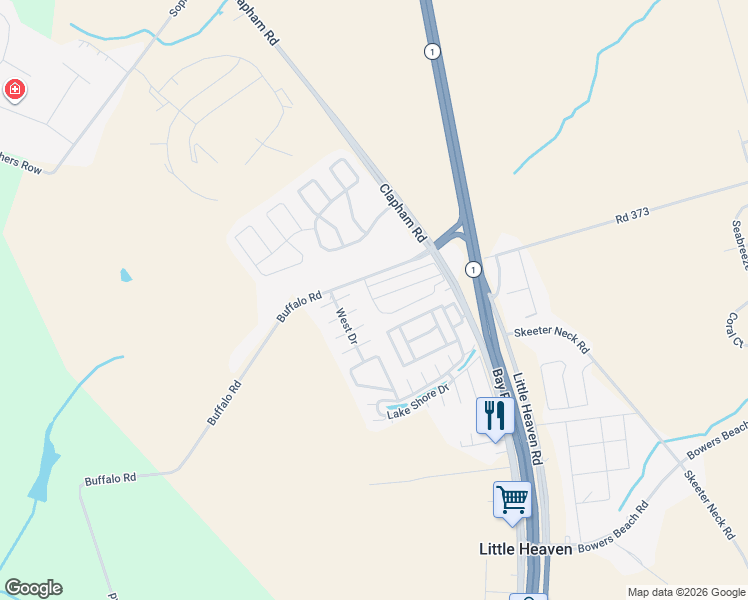map of restaurants, bars, coffee shops, grocery stores, and more near 136 Willow Drive in Frederica