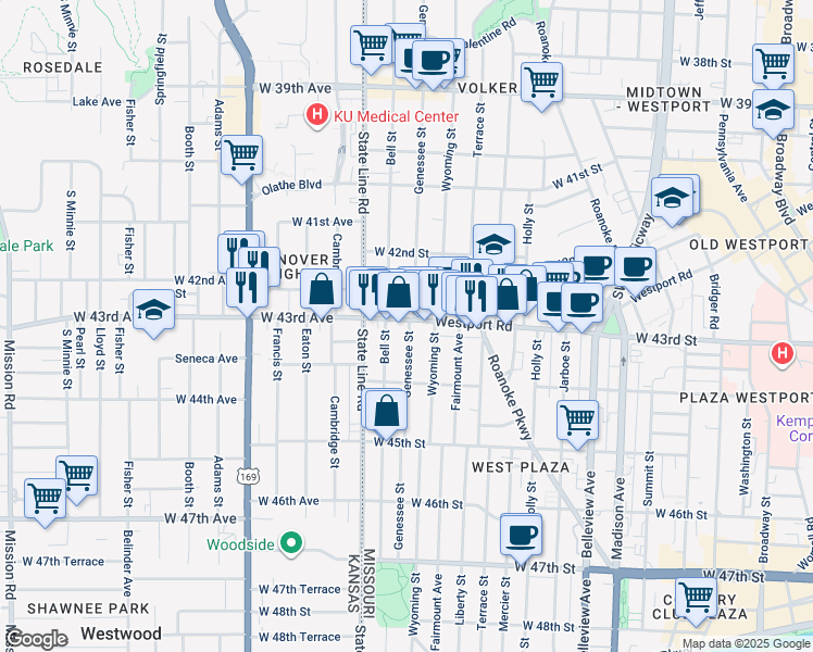 map of restaurants, bars, coffee shops, grocery stores, and more near 1701 Westport Road in Kansas City