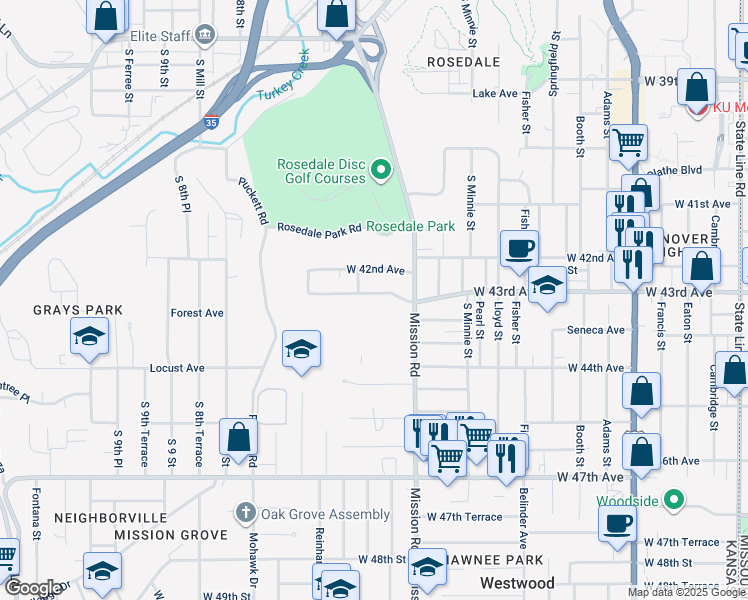 map of restaurants, bars, coffee shops, grocery stores, and more near 3135 West 43rd Avenue in Kansas City