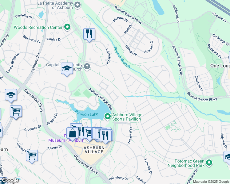 map of restaurants, bars, coffee shops, grocery stores, and more near 20432 Cool Fern Square in Ashburn
