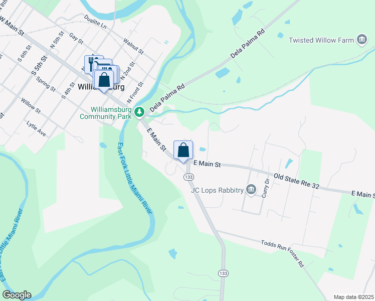 map of restaurants, bars, coffee shops, grocery stores, and more near 485 East Main Street in Williamsburg