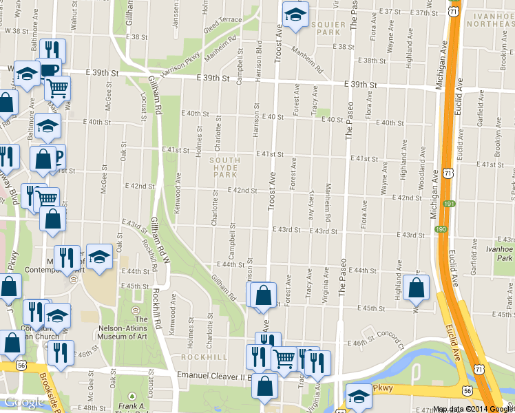 map of restaurants, bars, coffee shops, grocery stores, and more near 4233 Harrison Street in Kansas City