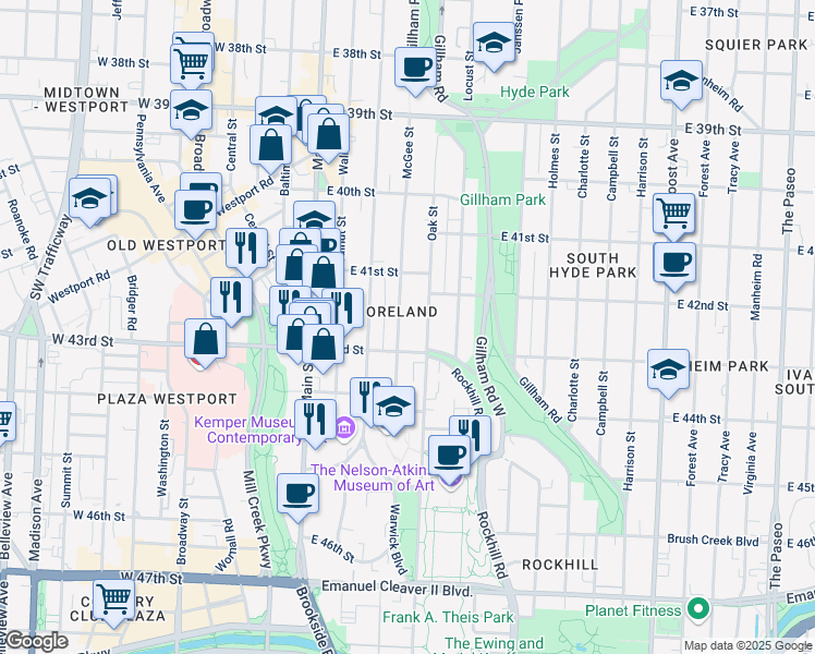 map of restaurants, bars, coffee shops, grocery stores, and more near 304 43rd Street in Kansas City