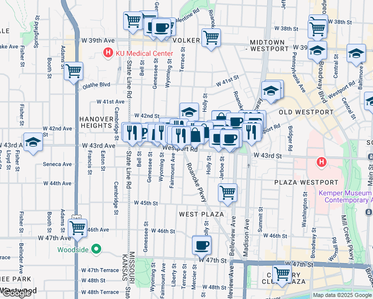 map of restaurants, bars, coffee shops, grocery stores, and more near 4311 Roanoke Parkway in Kansas City