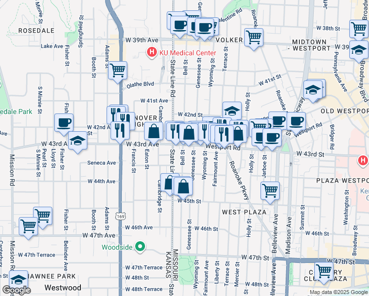 map of restaurants, bars, coffee shops, grocery stores, and more near 4316 Bell Street in Kansas City