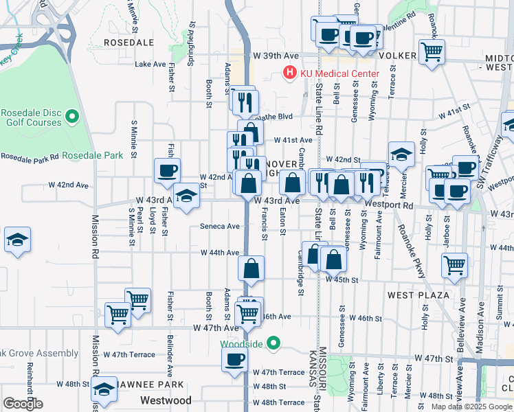 map of restaurants, bars, coffee shops, grocery stores, and more near 4312 Francis Street in Kansas City