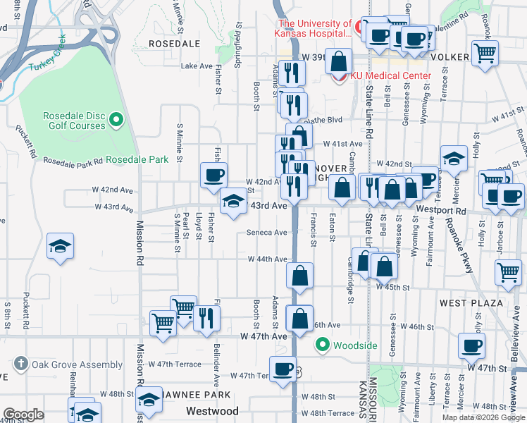 map of restaurants, bars, coffee shops, grocery stores, and more near 4311 Booth Street in Kansas City