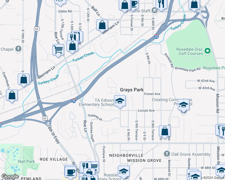 map of restaurants, bars, coffee shops, grocery stores, and more near 1033 Forest Court in Kansas City