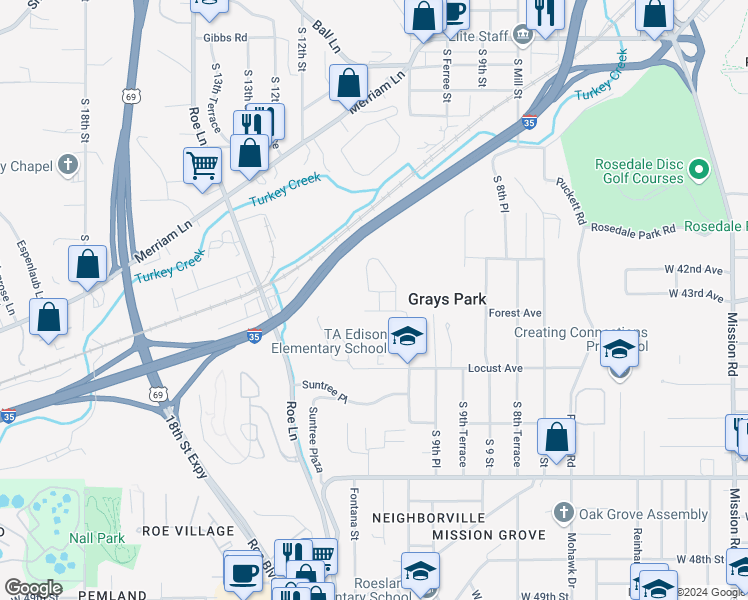 map of restaurants, bars, coffee shops, grocery stores, and more near 1033 Forest Court in Kansas City