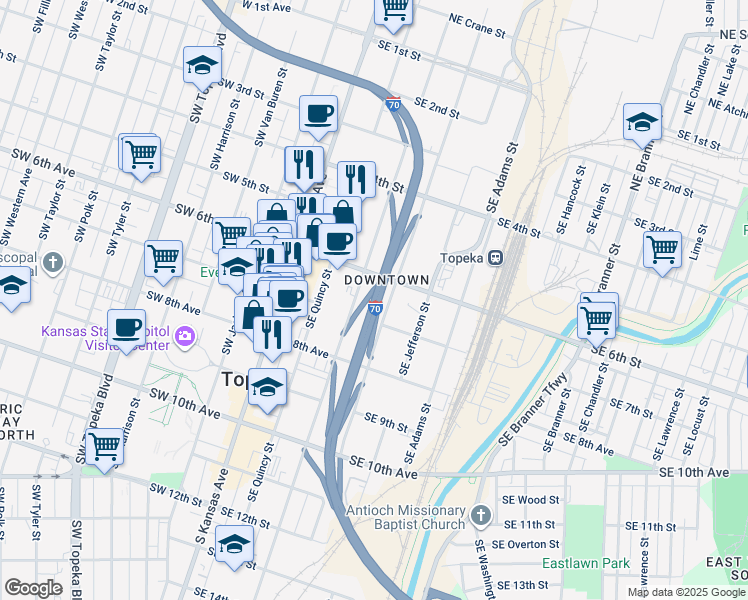 map of restaurants, bars, coffee shops, grocery stores, and more near in Topeka