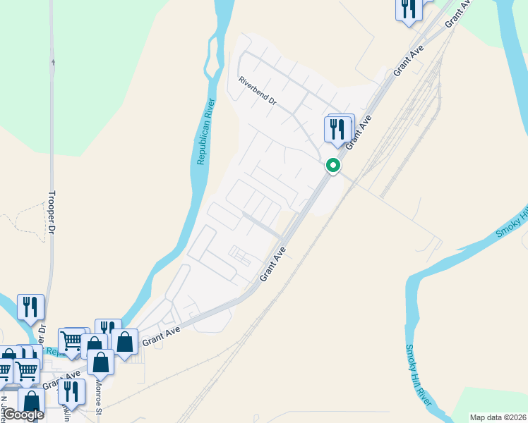 map of restaurants, bars, coffee shops, grocery stores, and more near 33 Fuller Circle in Junction City