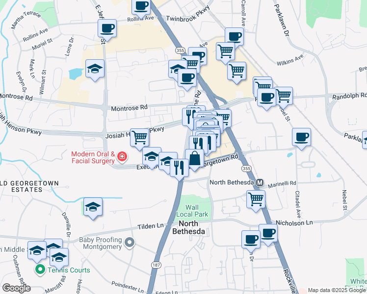 map of restaurants, bars, coffee shops, grocery stores, and more near 6003 Hoya Street in North Bethesda
