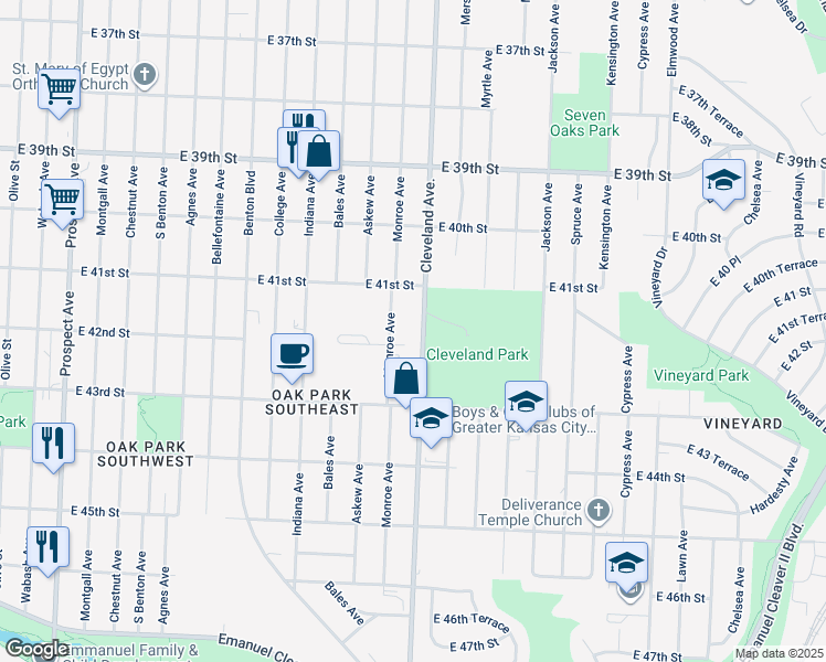 map of restaurants, bars, coffee shops, grocery stores, and more near 4200 Cleveland Avenue in Kansas City