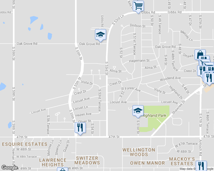 map of restaurants, bars, coffee shops, grocery stores, and more near 5299 Crest Drive in Kansas City