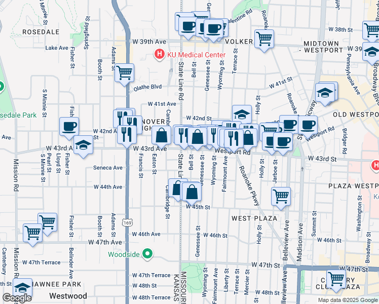 map of restaurants, bars, coffee shops, grocery stores, and more near 4316 Bell Street in Kansas City