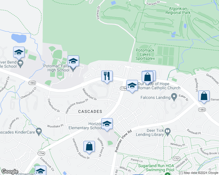 map of restaurants, bars, coffee shops, grocery stores, and more near 20417 Riverbend Square in Sterling