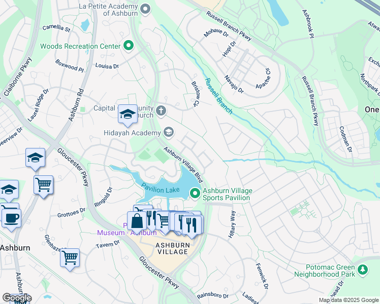 map of restaurants, bars, coffee shops, grocery stores, and more near 44170 Shady Glen Terrace in Ashburn
