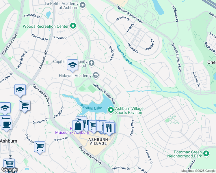map of restaurants, bars, coffee shops, grocery stores, and more near 44170 Shady Glen Terrace in Ashburn