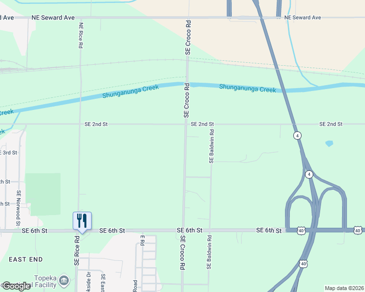 map of restaurants, bars, coffee shops, grocery stores, and more near 258-340 Southeast Croco Road in Topeka