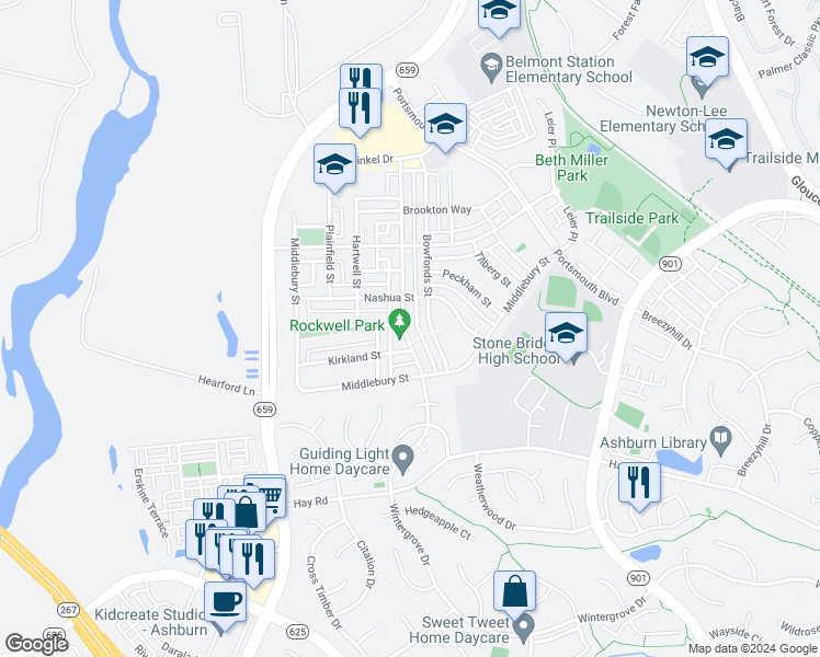 map of restaurants, bars, coffee shops, grocery stores, and more near 20468 Charter Oak Drive in Ashburn