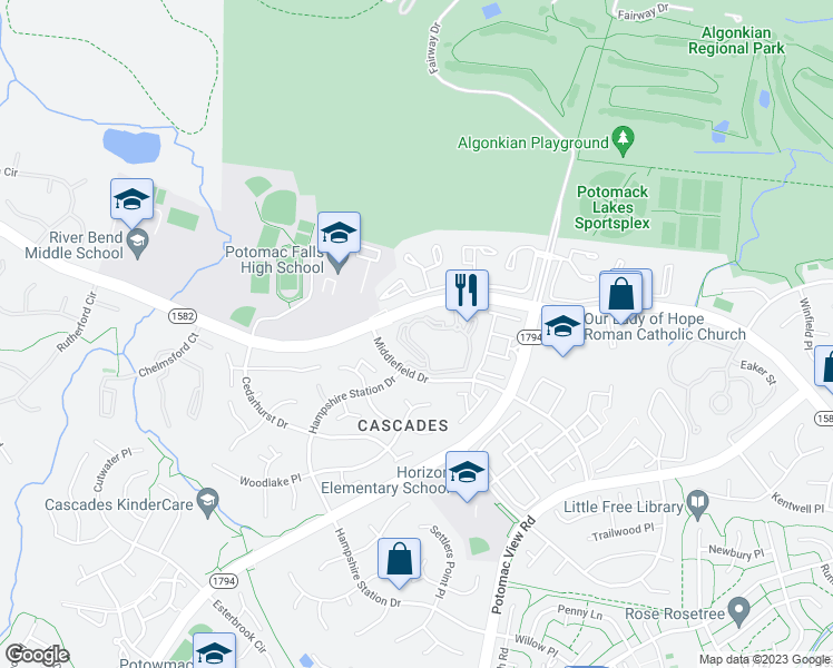 map of restaurants, bars, coffee shops, grocery stores, and more near 46598 Drysdale Terrace in Potomac Falls