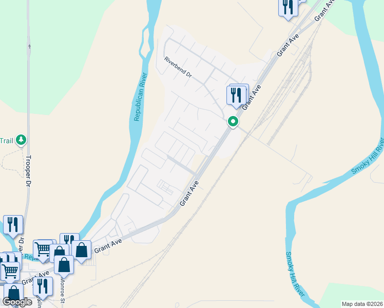 map of restaurants, bars, coffee shops, grocery stores, and more near 722 Grant Avenue in Junction City