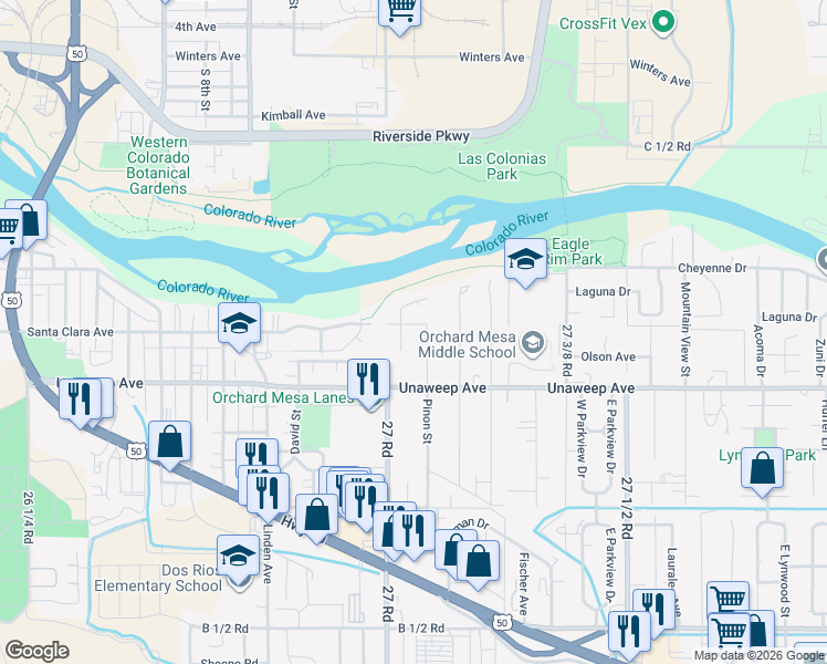map of restaurants, bars, coffee shops, grocery stores, and more near 1763 Christopher Way in Grand Junction
