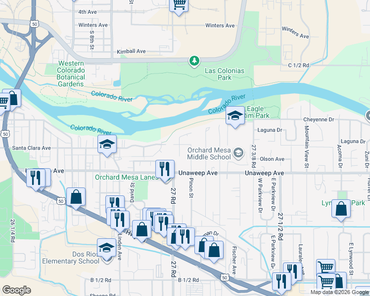 map of restaurants, bars, coffee shops, grocery stores, and more near 1763 Christopher Way in Grand Junction