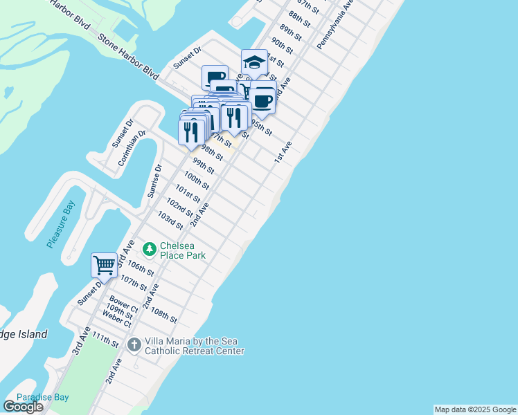 map of restaurants, bars, coffee shops, grocery stores, and more near 57 100th Street in Stone Harbor