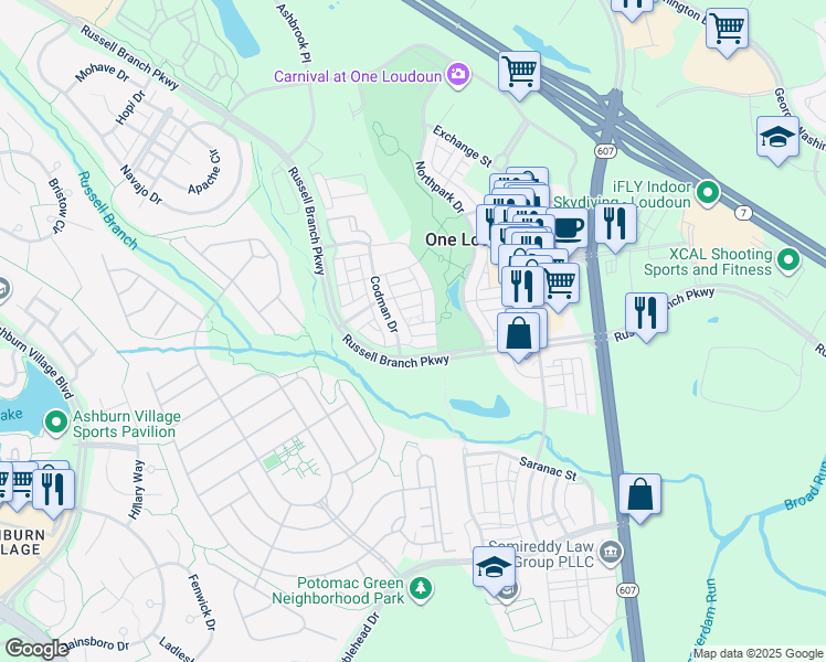map of restaurants, bars, coffee shops, grocery stores, and more near 44599 Wellsboro Drive in Ashburn