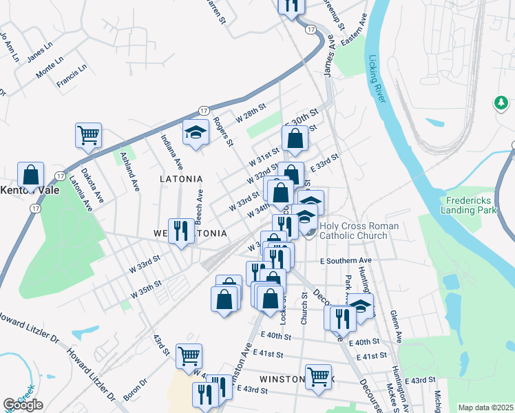 map of restaurants, bars, coffee shops, grocery stores, and more near 125 West 34th Street in Covington
