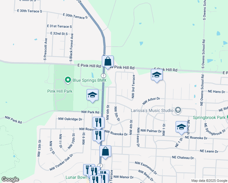 map of restaurants, bars, coffee shops, grocery stores, and more near 422 Northwest Nottingham Lane in Blue Springs
