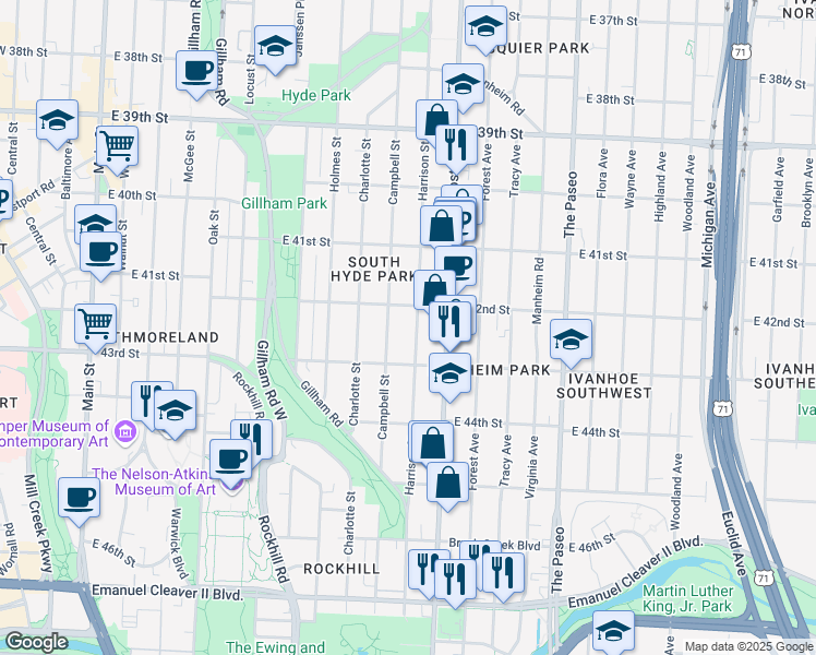 map of restaurants, bars, coffee shops, grocery stores, and more near 4233 Harrison Street in Kansas City