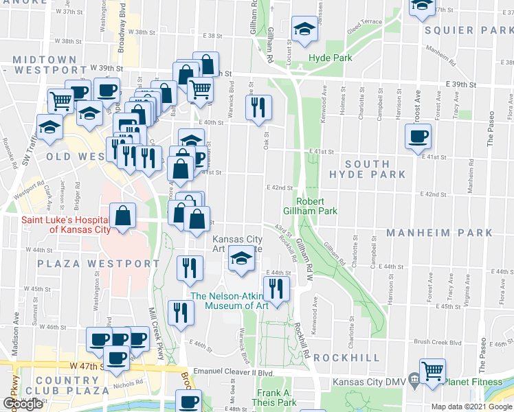 map of restaurants, bars, coffee shops, grocery stores, and more near 304 43rd Street in Kansas City