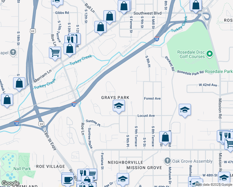 map of restaurants, bars, coffee shops, grocery stores, and more near 2901 South 10 Street in Kansas City