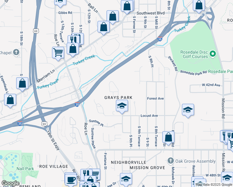map of restaurants, bars, coffee shops, grocery stores, and more near 1033 Forest Court in Kansas City