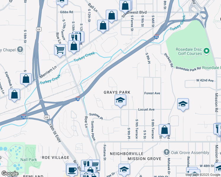 map of restaurants, bars, coffee shops, grocery stores, and more near 1033 Forest Court in Kansas City