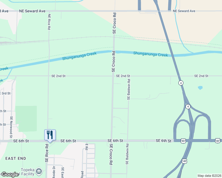 map of restaurants, bars, coffee shops, grocery stores, and more near 258-340 Southeast Croco Road in Topeka