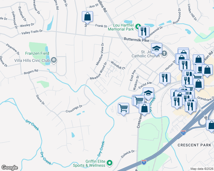 map of restaurants, bars, coffee shops, grocery stores, and more near Colonial Village Drive in Crescent Springs