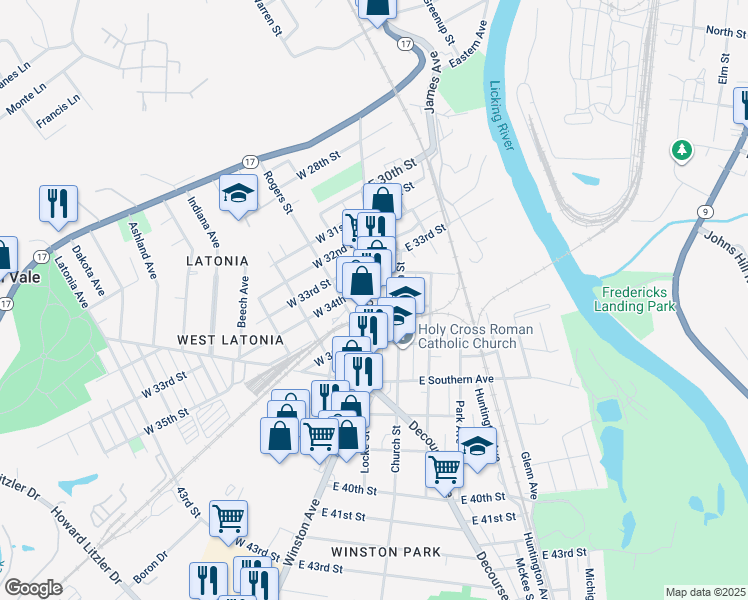 map of restaurants, bars, coffee shops, grocery stores, and more near 7 East 35th Street in Covington
